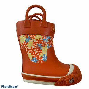 Keen rain boots kid 4 orange floral lined pull on
